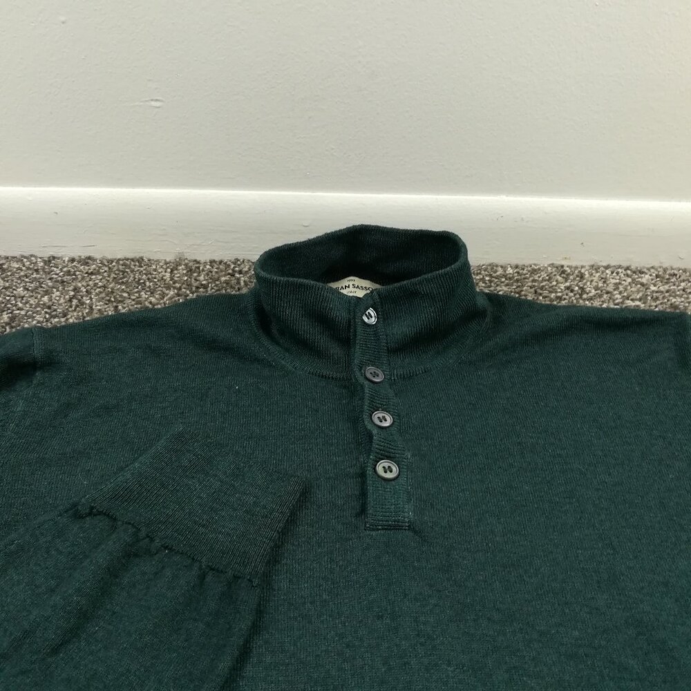 Gran Sasso Sweater Virgin Wool 1/4 Button Mock Neck Green Mens EU 56 (US XL)